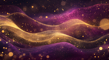 Abstract golden trails rippling across a dark plum background with glowing nebula textures and soft...