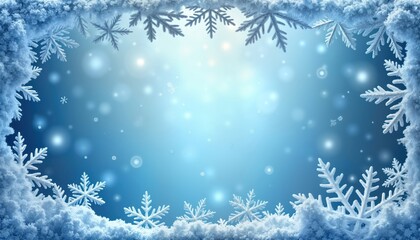 Frosty windowpane design with snowflakes on blue background. Winter wonderland scene. Elegant, simple winter holiday design. Ideal for winter-themed templates, cards, wallpaper. Abstract, festive.