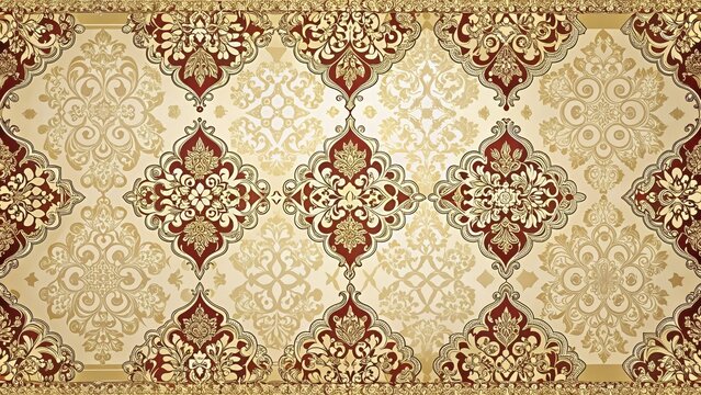 Traditional Middle Eastern inspired damask fabric with intricate floral and geometric patterns in shades of cream