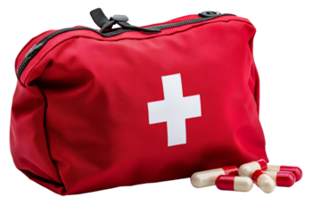 A red bag with a white cross on it and a red pill bottle with white pills inside