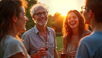 Group of friends enjoys a summer garden party at sunset. Mature people chat and laugh. They drink wine and relax outdoors. Happiness and togetherness are the themes of this joyful gathering.