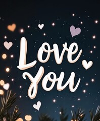 Fototapeta premium Love You text with hearts and bokeh lights on a night sky