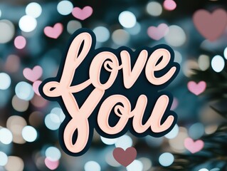 Bokeh 'Love You' text design with glowing hearts and blurred lights