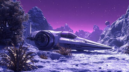 Spaceship landed on an alien planet's snowy landscape.