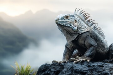 Obraz premium A dramatic image of an iguana illuminated by moonlight, perched on a rocky cliff with a misty background