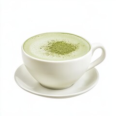 Matcha latte in a ceramic cup. Featuring matcha powder and milk foam