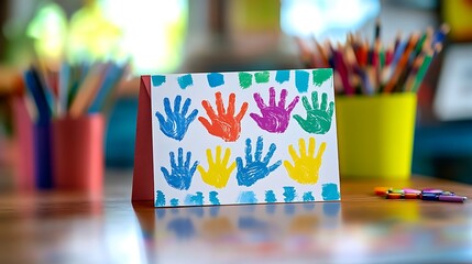A playful Teacher’s Day card with children’s handprints and a message of appreciation 