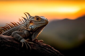 Fototapeta premium A dramatic shot of an iguana climbing a vertical tree trunk, with its spines silhouetted against a bright sky