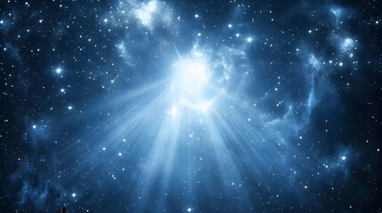 Naklejka premium Abstract radiant silver streams against a dusty blue background with glowing nebula highlights and shimmering starlight accents