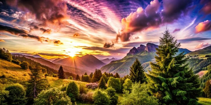 Cross-processed panoramic captures a breathtaking mountain sunrise, vibrant and surreal.