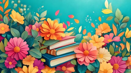 A vibrant Teacher’s Day card design featuring colorful flowers and books with a message of gratitude 