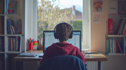 Child engaged in online learning at home. Headphones and computer setup enhance focus and productivity in virtual classrooms.