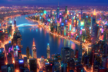 Obraz premium Stunning aerial night view of a vibrant, illuminated cityscape with a river winding through it, showcasing modern architecture and bright city lights.