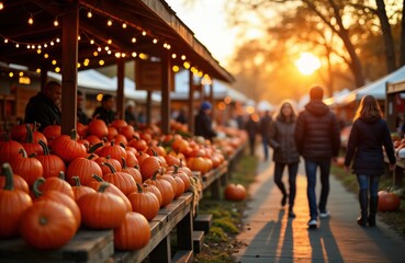 Autumn farmers market filled with pumpkins, gourds. People stroll through stalls laden with seasonal produce. Golden hour sunlight bathes scene in warm tones. Harvest festival ambiance. Colorful