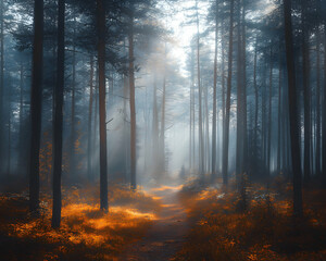 Fototapeta premium Mystical autumn forest path, sun rays pierce through fog, creating a magical atmosphere. Perfect for fantasy, fairytale, or nature themes.