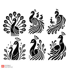 Fototapeta premium Silhouetted Peacock Illustrations with Intricate Feather Patterns in Black Design
