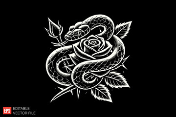 Fototapeta premium Intricate Snake and Rose Design in Monochrome Vector Illustration