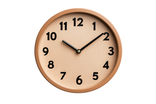 A wooden clock with the hands at 3:00 and 9:00