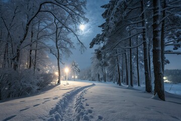 Serene Night in a Snow-Covered Forest Lit by Moonlight, Featuring Animal Tracks and Distant Lights, in a Photorealistic 8K Display.
