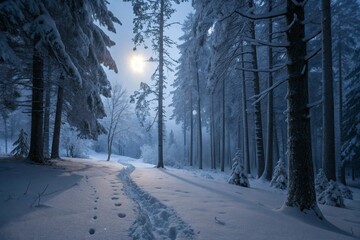 Mysterious and Peaceful Snow-Covered Forest at Night under Moonlight, with Animal Tracks and Distant Lights, Offering a Photorealistic 8K Winter Wonderland.