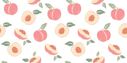 Peach seamless pattern with leaf. Half, slice and whole shape of peach, nectarine, apricot. Flat design of peaches illustration for fabric, paper, wallpaper, cover, interior decoration.