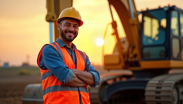 Professional excavator driver stands confidently in front of large yellow excavator at sunrise. Smiling, looking directly at camera. Wears safety equipment including hard hat, safety vest.