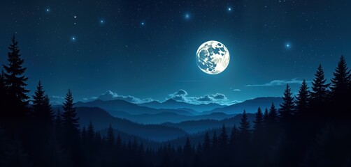 Naklejka premium Night scene with starry sky, moon over mountain range covered with dark forest. Silhouettes of trees against deep blue sky. Landscape full of nature details like clouds, mountains. Beautiful serene