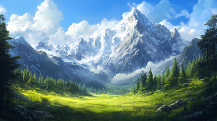 Fototapeta premium Beautiful green forest with snowy mountains in the background, sky with clouds. Glaciered. Illustration