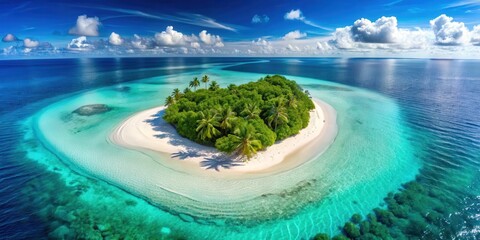 Tropical paradise with crystal-clear turquoise waters lapping against white sandy beach on heart-shaped island, travel destination, tranquil environment