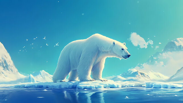 El oso polar y su reino de hielo bajo el cielo infinito. Glaciered. Illustration