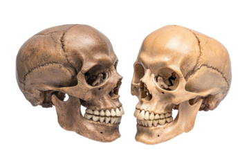 Two skulls are shown side by side, one of which is missing teeth