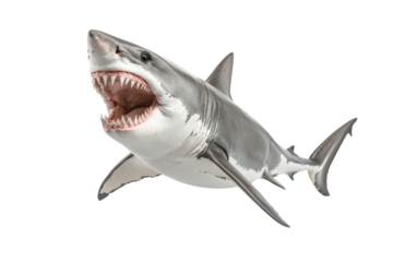 A shark is shown with its mouth wide open, showing its teeth