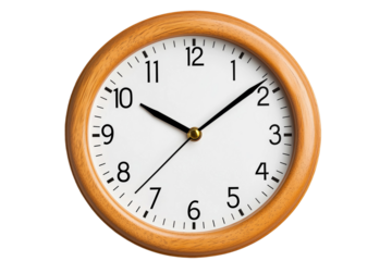 A wooden clock with a white face showing the time as 10:00