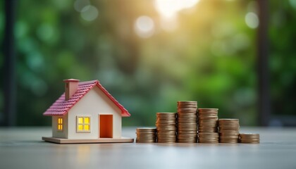 Small model house illustration shows housing concept. Coins stack illustrates money in real estate business. Model house represents purchase sale of property. Visual signifies financial growth