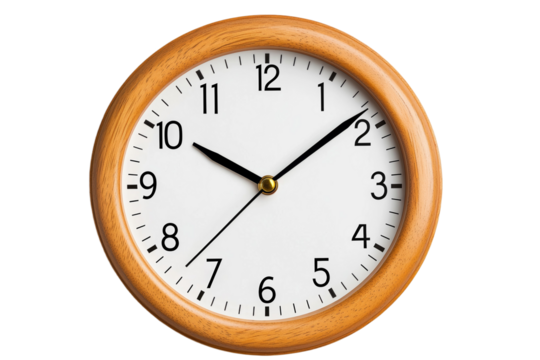 A wooden clock with a white face showing the time as 10:00
