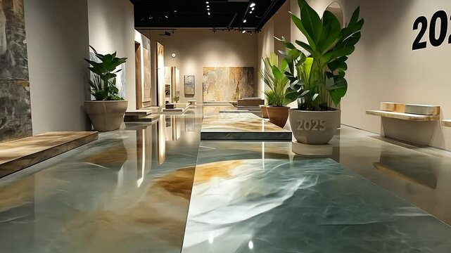 A slow-motion walkthrough of a modern showroom featuring luxurious tiles and flooring.