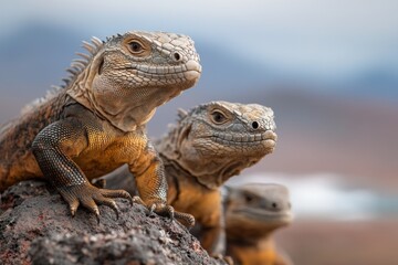 Fototapeta premium A group of iguanas basking together on a rocky shoreline, with waves crashing in the background