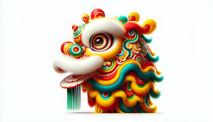Chinese new year A side view of a colorful Chinese lion dance head, featuring vibrant red, yellow, and green details, with a white fluffy beard and expressive eyes, isolated on a white background2