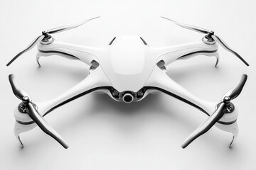Sleek white drone with four propellers, poised for flight. Modern design and advanced technology showcased.
