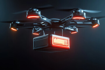 Naklejka premium Futuristic drone delivering a package at night. Glowing lights illuminate the sleek design, showcasing advanced technology.
