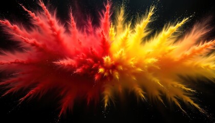 Vibrant red, yellow colored powder explosions create abstract design on black background. Colorful powder clouds burst outwards in dynamic motion. Colors evoke celebration like Holi festive event.