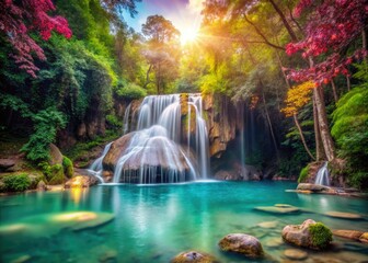 Erawan's cascading beauty: a double exposure dream, layered magic in stunning Thailand nature.