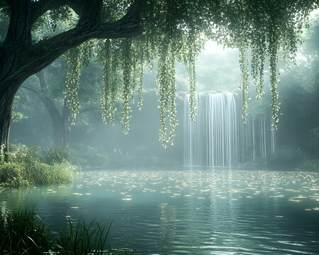 Serene waterfall cascading into tranquil pond, surrounded by lush greenery and weeping willows.  Perfect for nature, tranquility, and serenity themes.