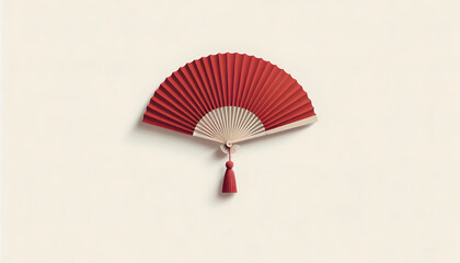 Chinese new year A minimalist representation of a hand fan with red pleated fabric, a plain beige handle, and a simpl3