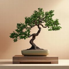 Elegant bonsai tree on wooden stand against a neutral background. A symbol of serenity and balance.