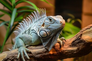 Fototapeta premium A large iguana climbing a tree branch, its tail wrapped around the bark and its head turned toward the camera