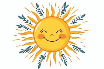 Smiling sun with green leaves surrounding it