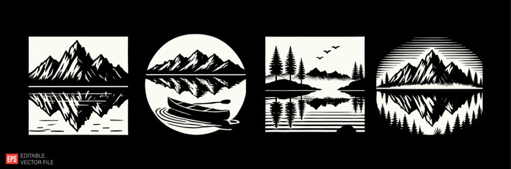 Set of NatureThemed Illustrations Featuring Mountains Forests and Outdoor Scenes