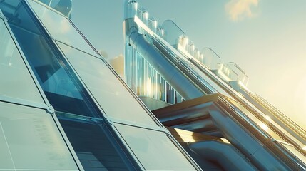 A close-up of solar panels on a tiled roof, illuminated by the warm glow of the sunset, symbolizing sustainable energy and harmony with nature under a partly cloudy sky.