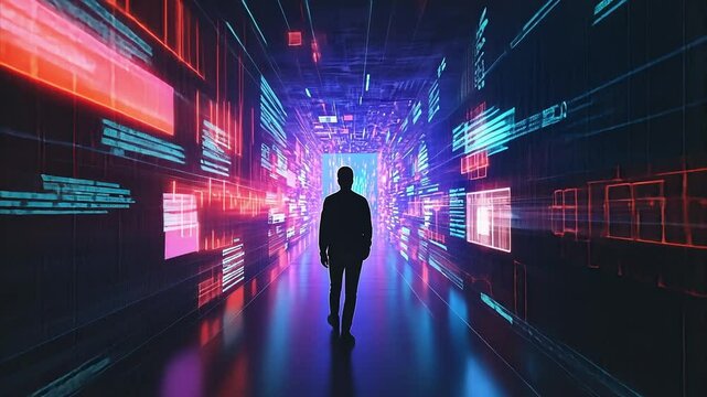 A man walking in silhouette down a dark tunnel of flowing violet and teal information representing the human mind experiencing quantum consciousness as a function of time.